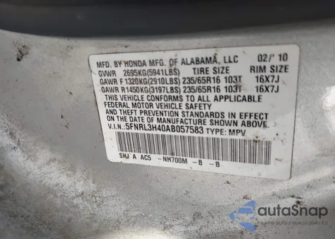 2010 Honda Odyssey Ex z USA, uszkodzony, nr VIN 5FNRL3H40AB057583